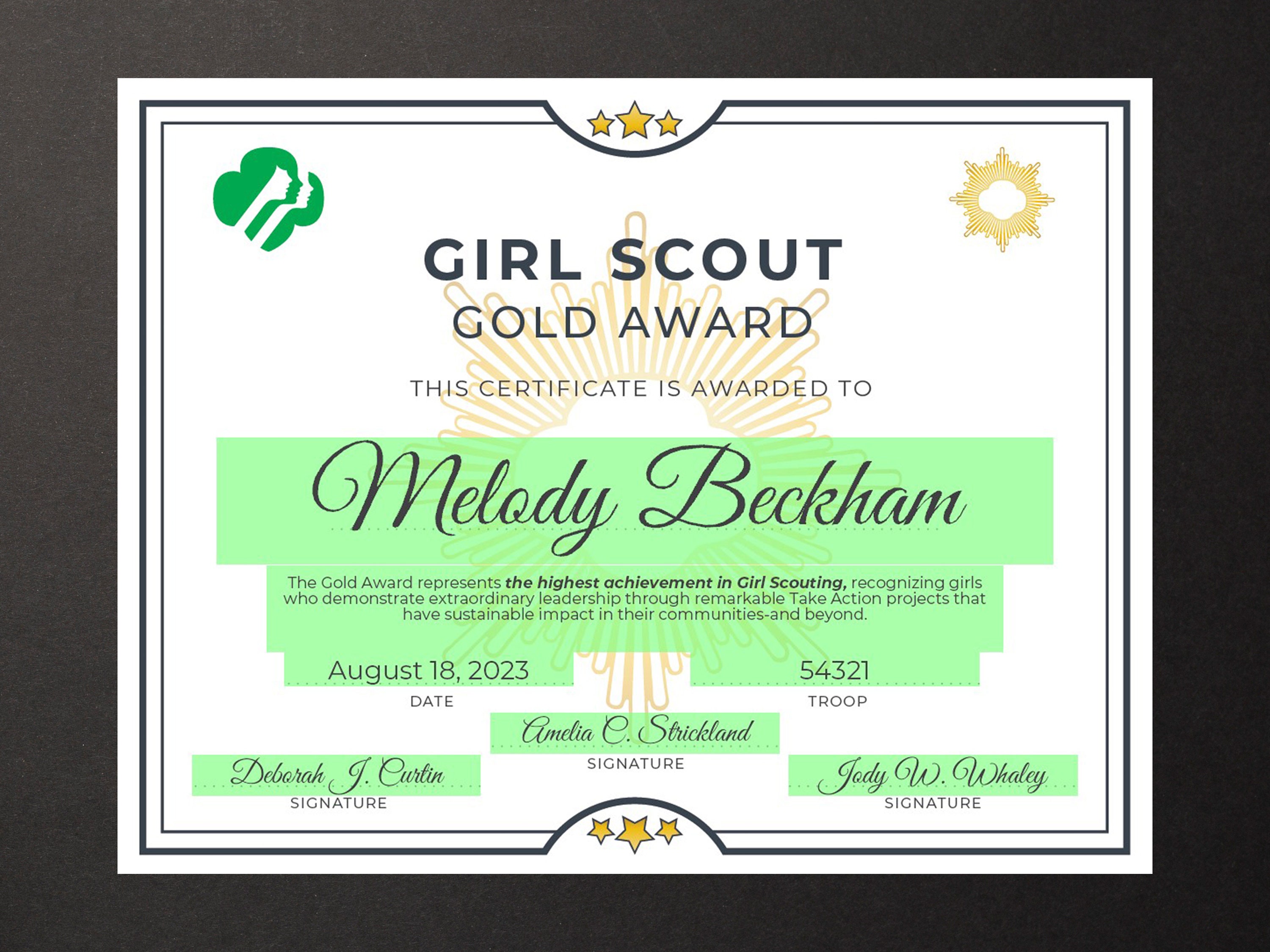 Girl Scout Gold Award Certificate Printable PDF Template - Etsy