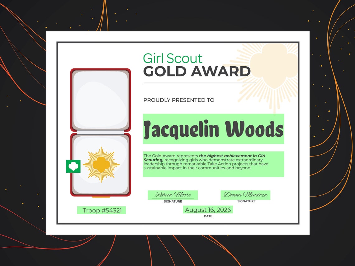 Girl Scout Gold Award Certificate Printable PDF Template - Etsy