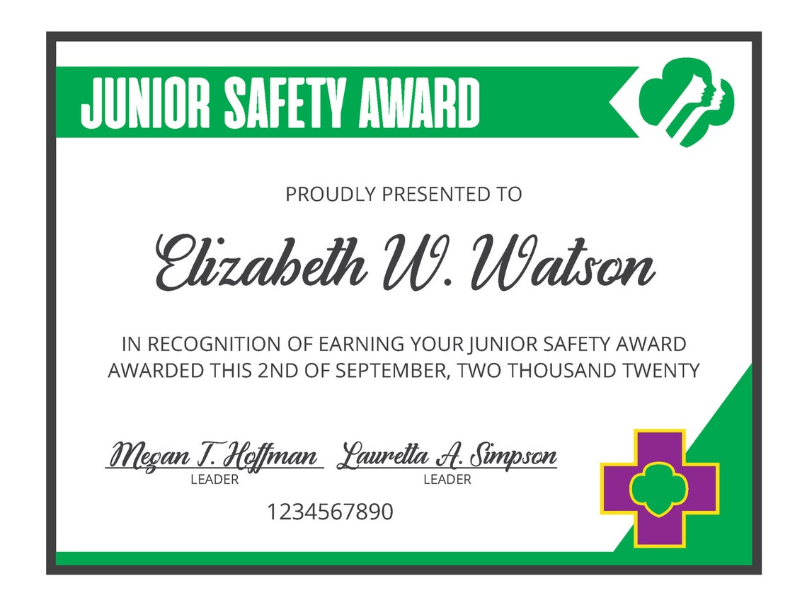 Girl Scout Junior Safety Award Certificate Printable PDF Etsy