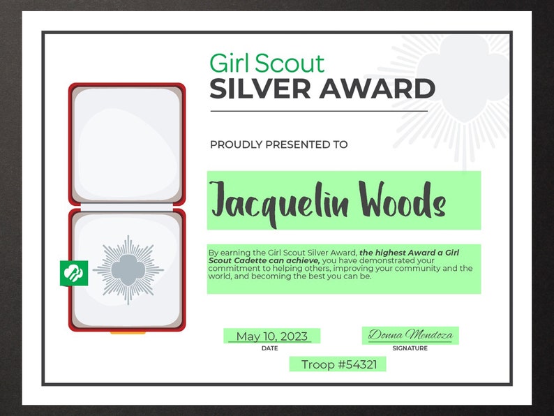 Girl Scout Silver Award Certificate Printable PDF Template Etsy