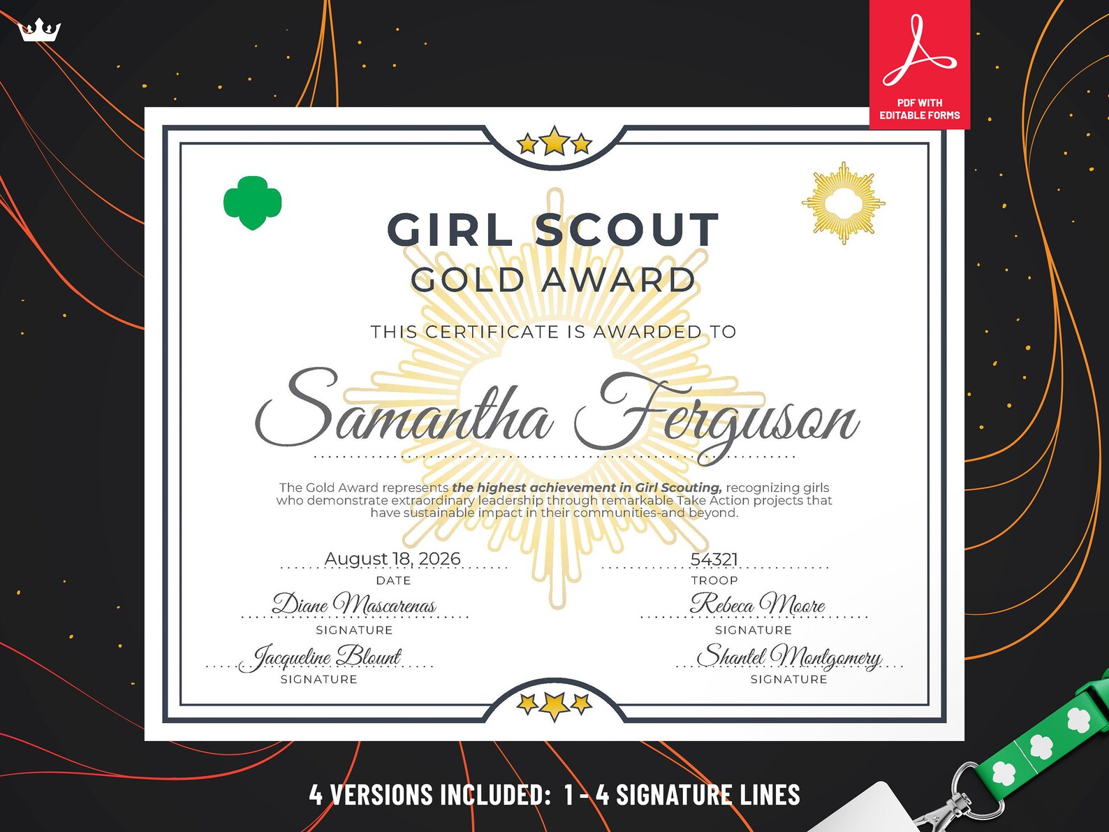 Girl Scout Gold Award Certificate Printable PDF Template Etsy