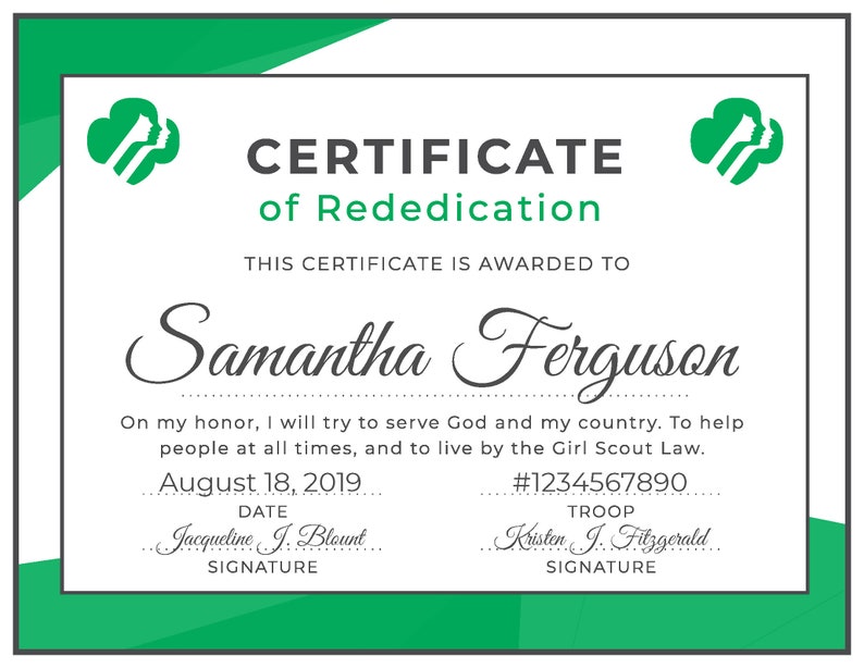 Girl Scout Rededication Certificate Printable PDF Template | Etsy