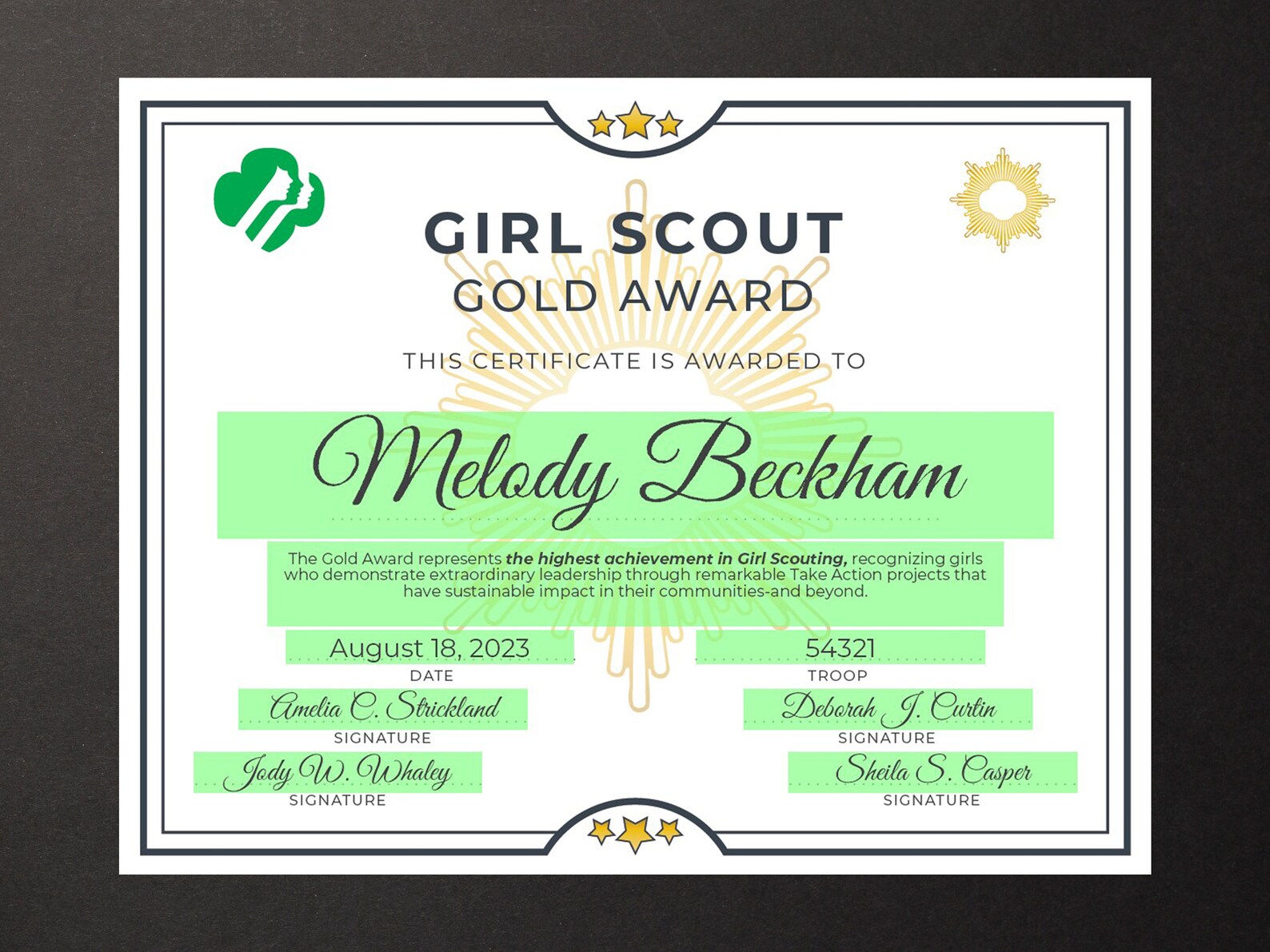 Girl Scout Gold Award Certificate Printable PDF Template Etsy