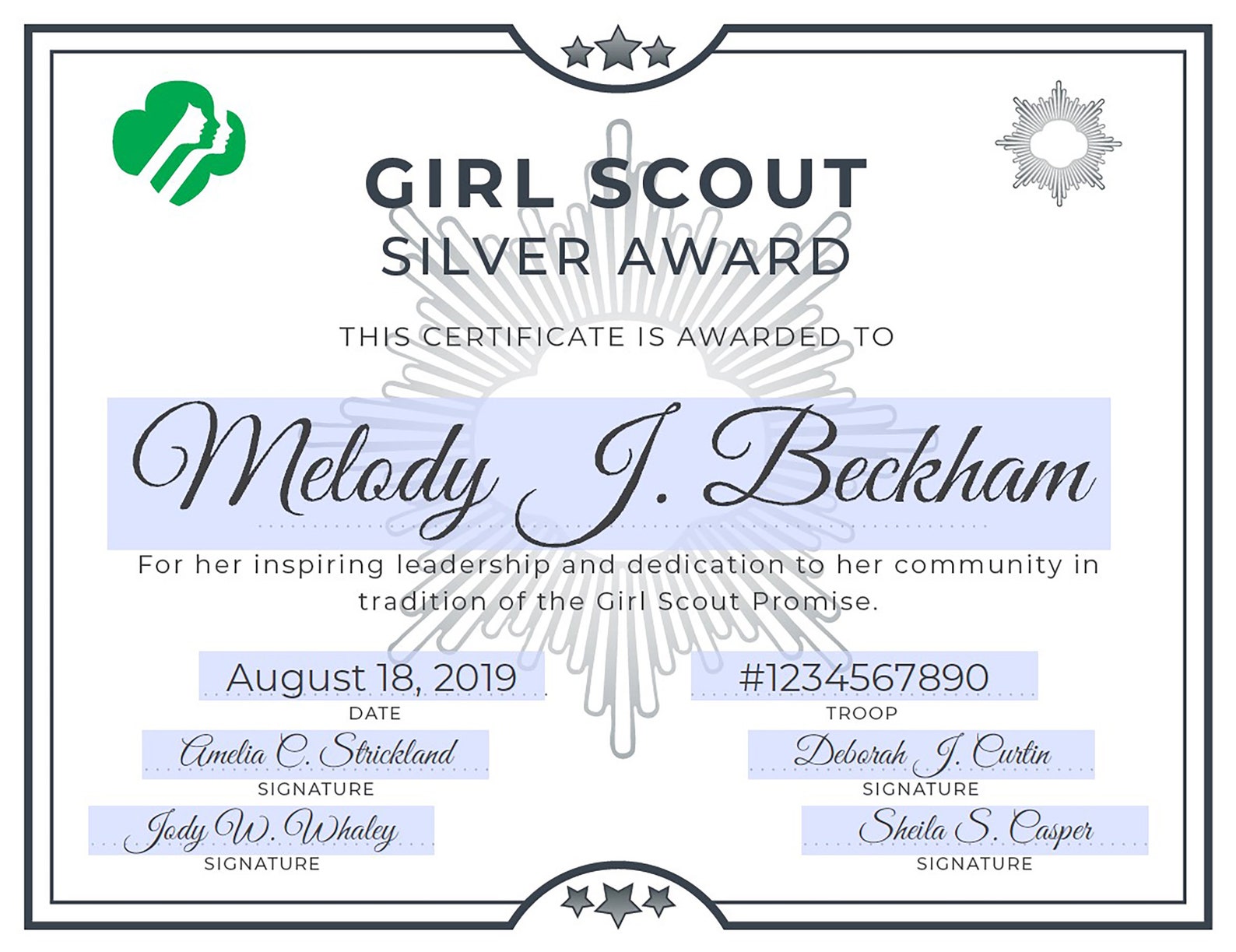 Girl Scout Silver Award Certificate Printable PDF Template Etsy