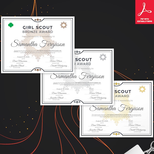 Girl Scout Bronze, Silver, and Gold Award Certificates Bundle | Printable PDF Template