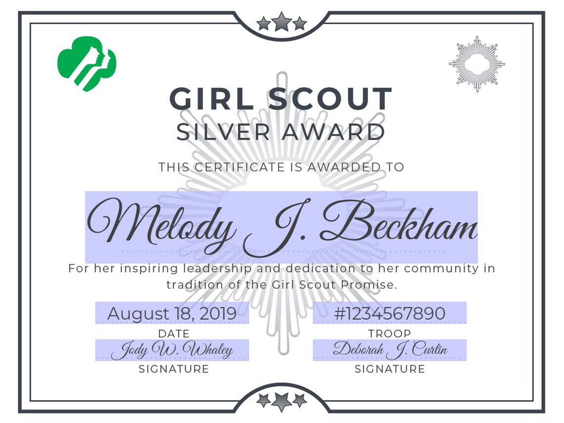 Girl Scout Silver Award Certificate Printable PDF Template Etsy