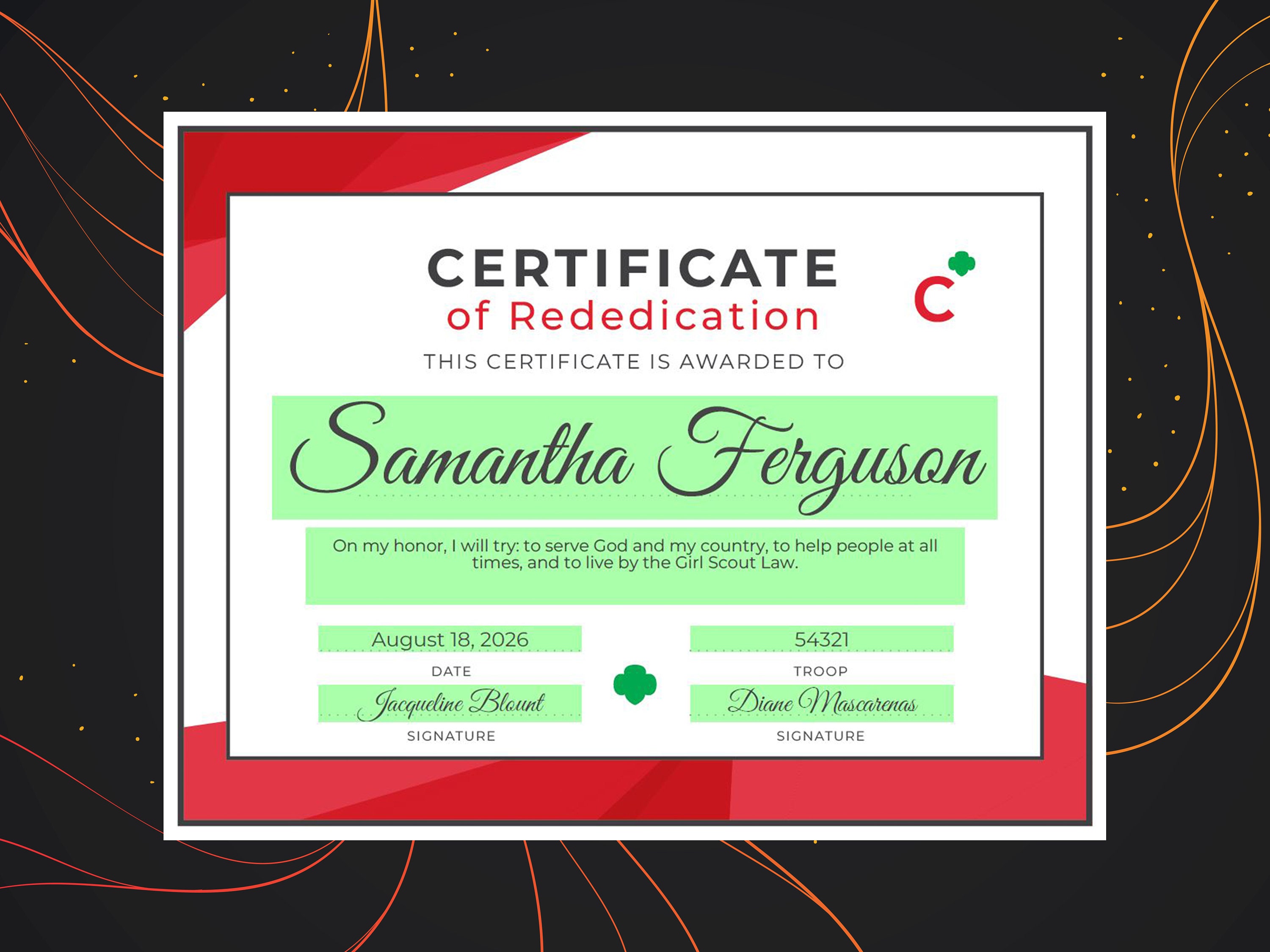Girl Scout Cadette Rededication Certificate Printable PDF Template - Etsy
