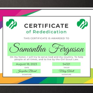 Girl Scout Rededication Certificate Printable PDF Template - Etsy Canada