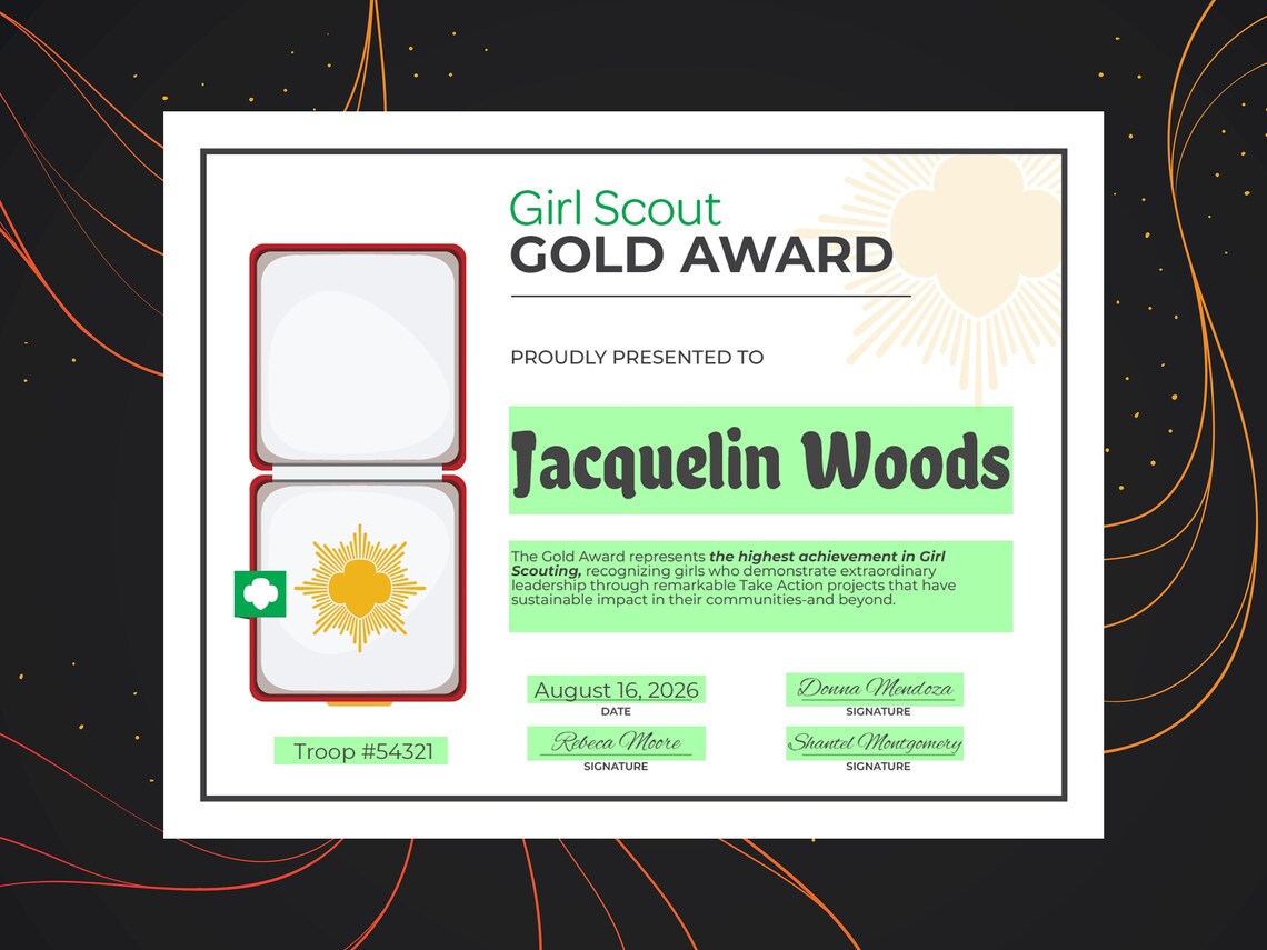 Girl Scout Gold Award Certificate Printable PDF Template - Etsy