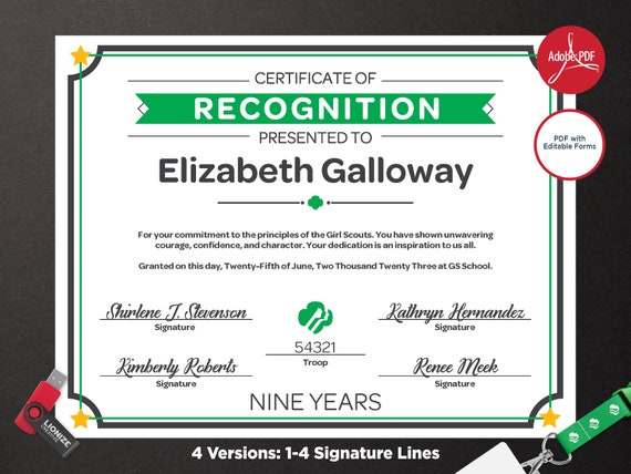 Girl Scout Certificate of Recognition PDF Template - Etsy Australia