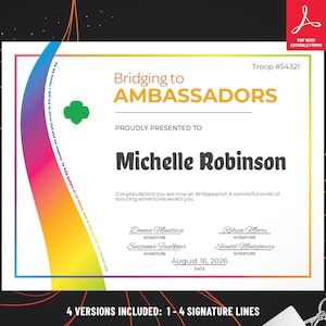 Girl Scout Bridging to Ambassadors Certificate | PDF Template - Etsy