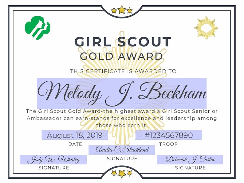 Girl Scout Gold Award Certificate Printable PDF Template | Etsy