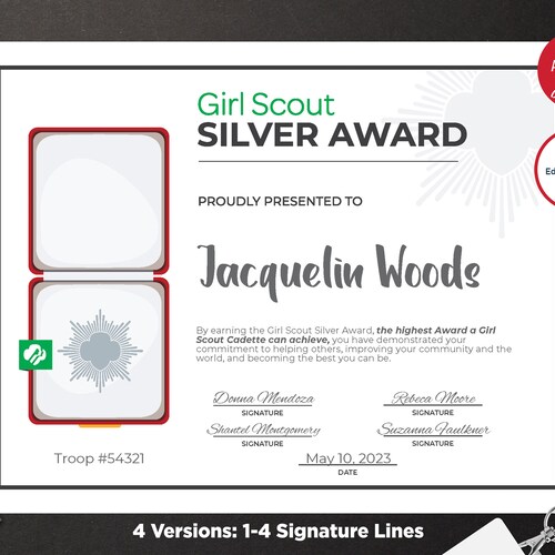 Girl Scout Silver Award Certificate Printable PDF Template - Etsy