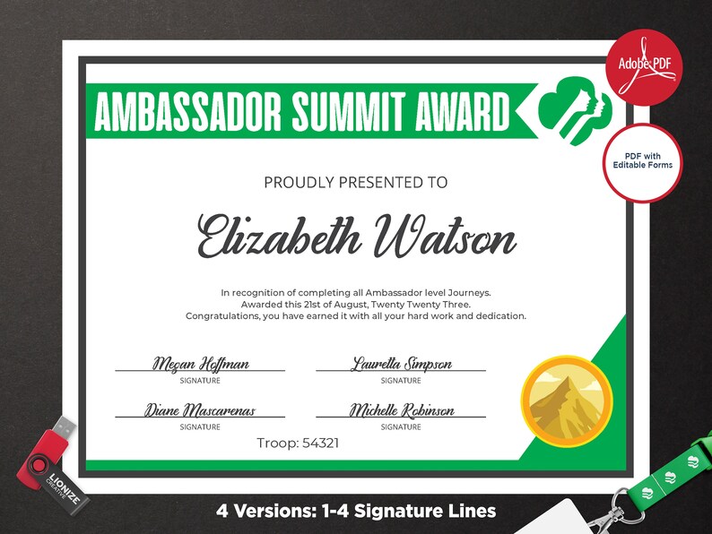 Girl Scout Ambassador Summit Award Certificate PDF Template Etsy