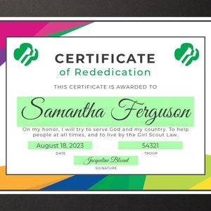 Girl Scout Rededication Certificate Printable PDF Template - Etsy Canada