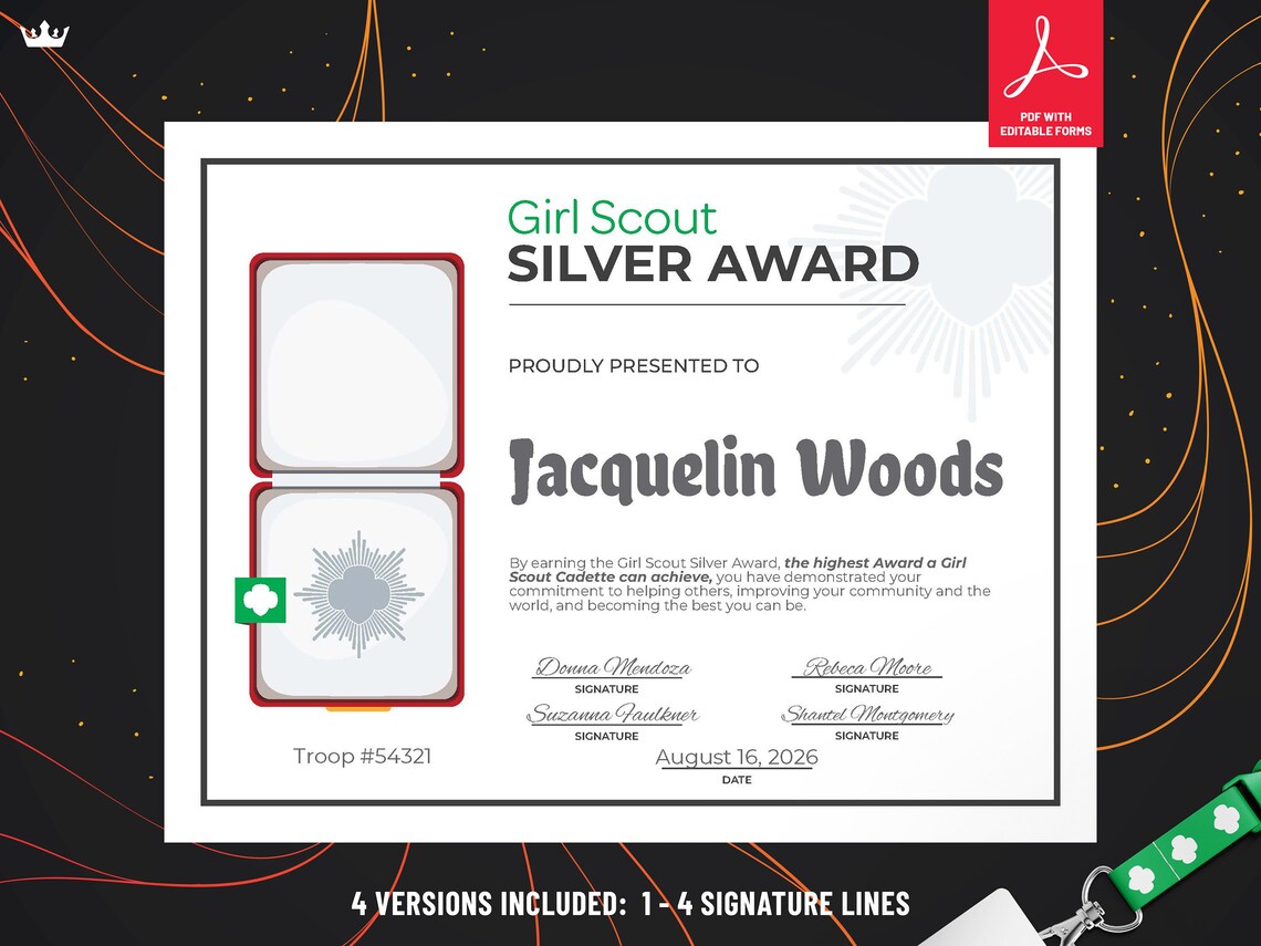 Girl Scout Silver Award Certificate Printable PDF Template Etsy
