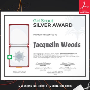 Girl Scout Silver Award Certificate | Printable PDF Template - Etsy