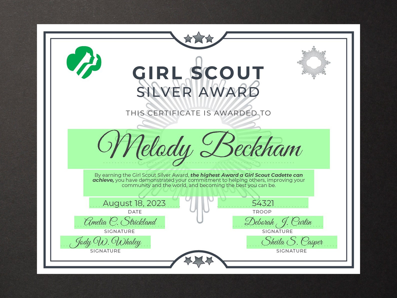Girl Scout Silver Award Certificate Printable PDF Template Etsy