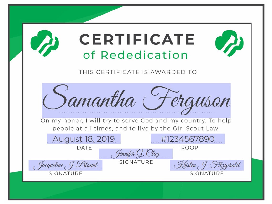 Girl Scout Rededication Certificate Printable PDF Template | Etsy