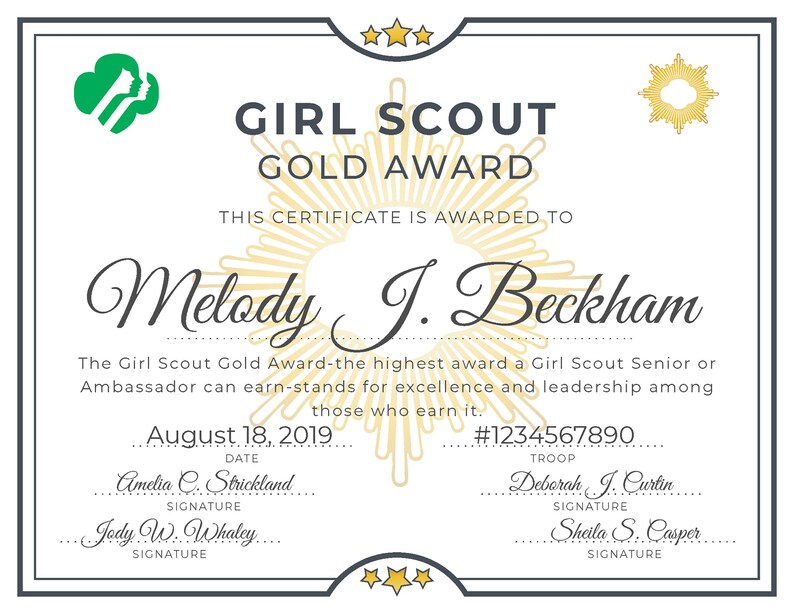 Girl Scout Gold Award Certificate Printable PDF Template Etsy