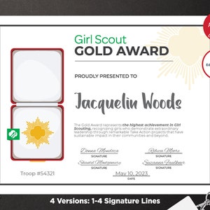 Girl Scout Gold Award Certificate Printable PDF Template | Etsy