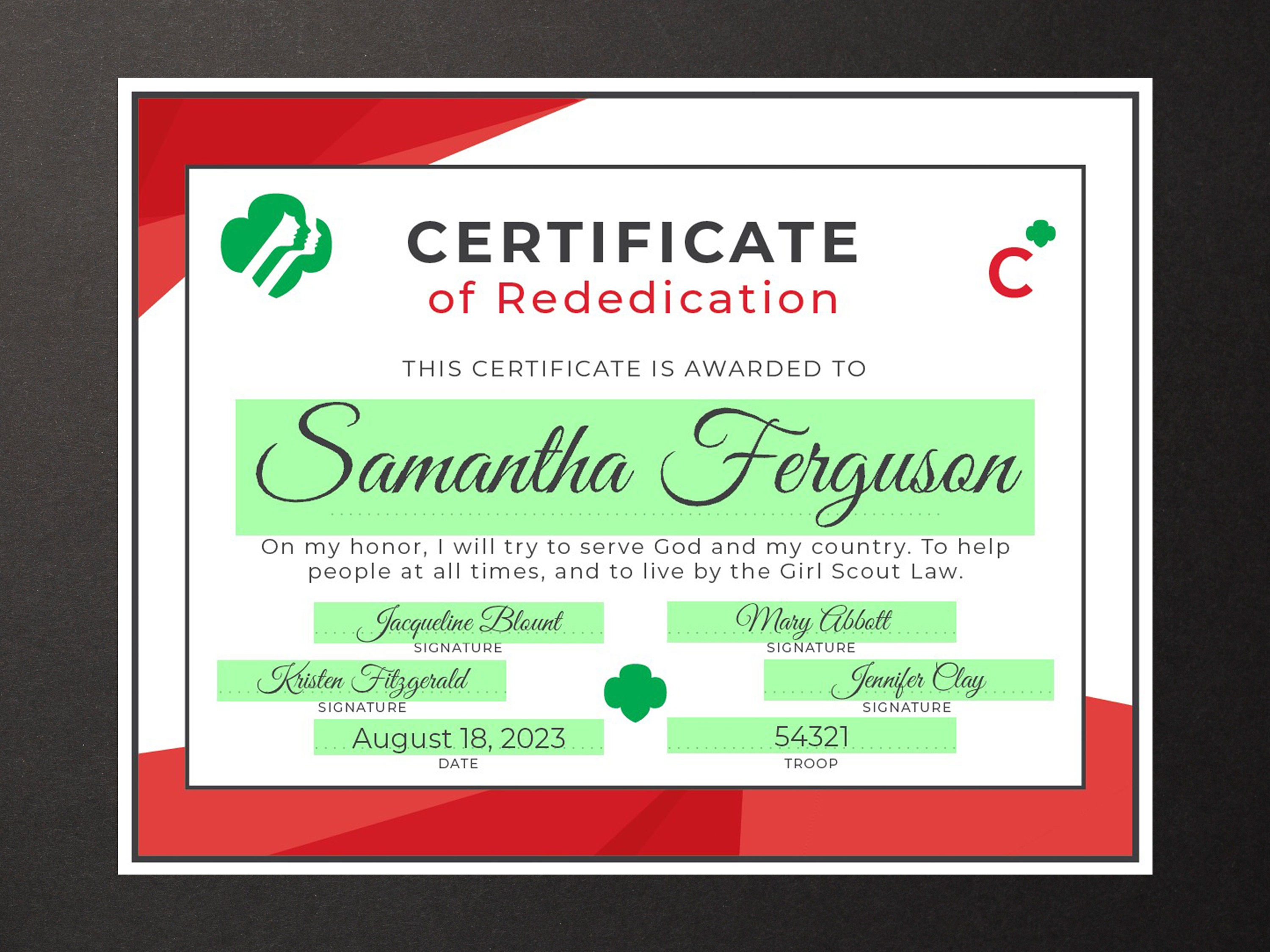 Girl Scout Cadette Rededication Certificate Printable PDF - Etsy
