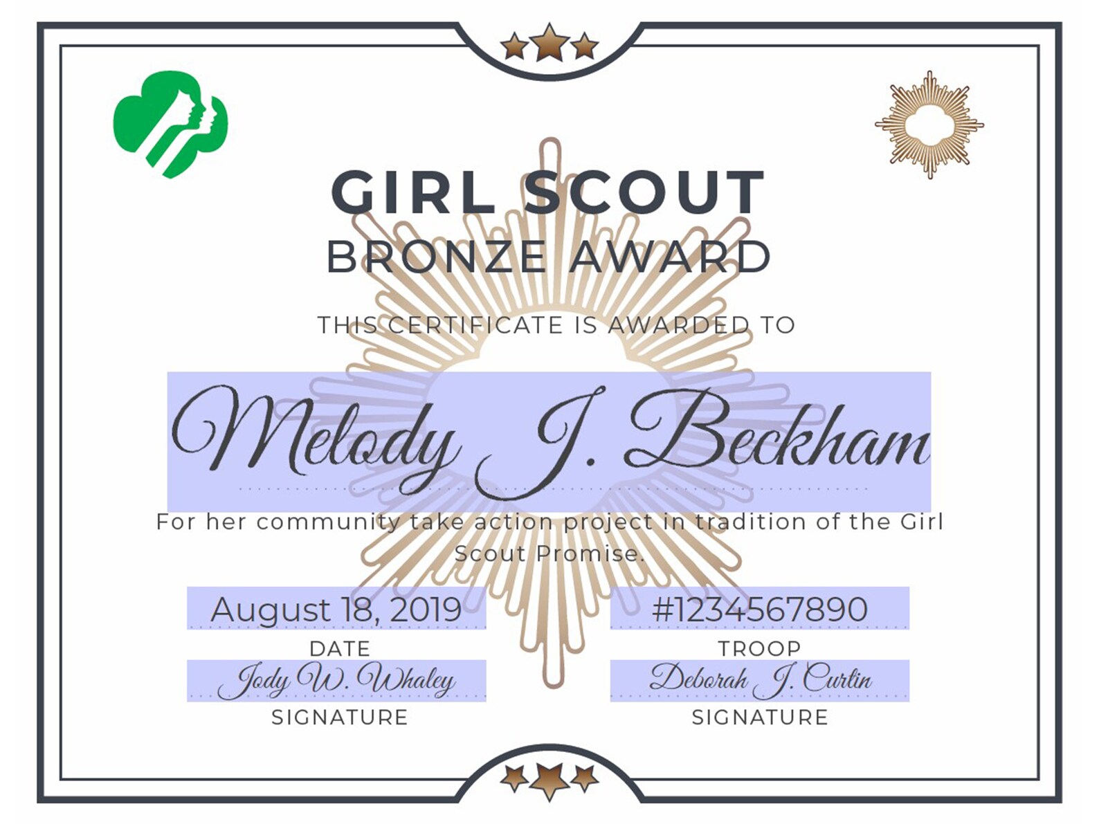 Girl Scout Bronze Award Certificate Printable PDF Template Etsy