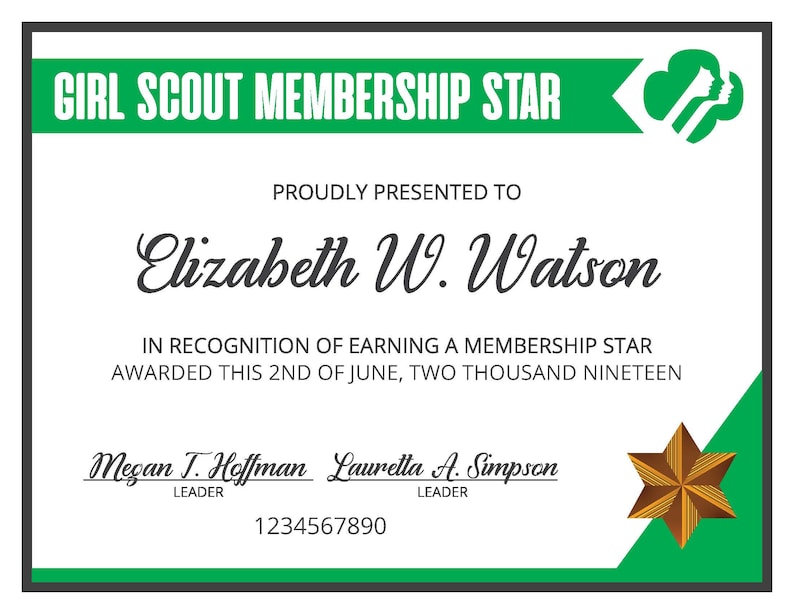 Girl Scout Membership Star Certificate PDF Template Etsy