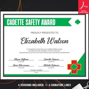 Girl Scout Cadette Safety Award Certificate | Printable PDF Template