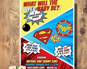 Baby Shower, Gender Reveal, Superhero, Party, Invitation, Superman, Wonder Woman, Printable, Download, Boy, Girl