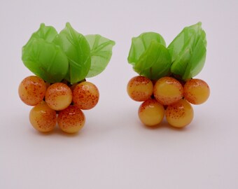 Vintage Italian glass Fruits and Leaves Murano Glass Clip on Earrings.Rare .Made in Italy.Unique.