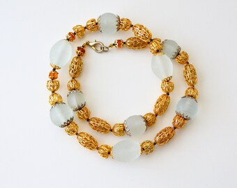 Filigrane Vintage Frost Glas Halskette, 1960er Jahre Schmuck aus goldfarbenem Metall