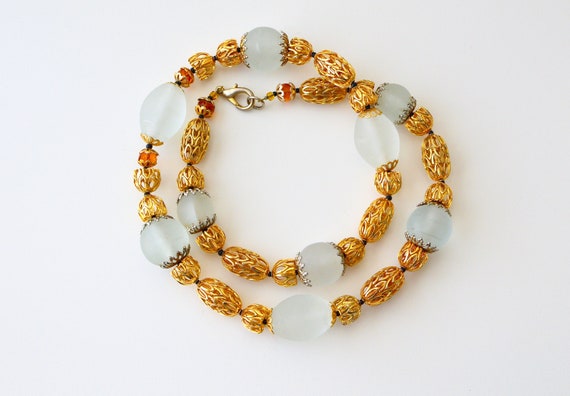 Vintage Frost Glass Filigree Necklace, 1960s Gold Metal Bead Jewellery