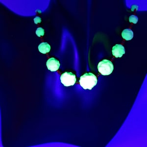 Czech Uranium Vaseline Pistachio green Glass beads Necklace . Art Deco . Beautiful. Rare. Collectible. Unique.