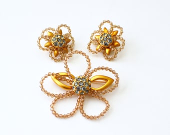 Vintage Swarovski Brooch and Earrings Set, Gold Tone Floral Design
