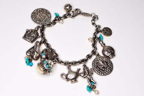 POGGI PARIS Signed Charm Bracelet in Antique Silver Tone Metal 