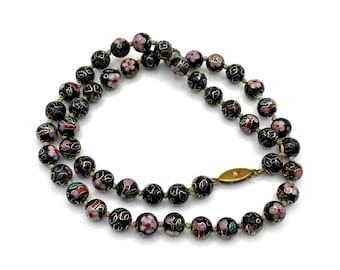 Antique Chinese Cloisonné Necklace, Enamel Floral Beads