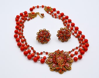 MIRIAM HASKELL Faux Coral Filigree Necklace and Earrings Set . Signed. Rare . Collectable . Beautiful.