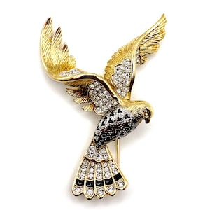 A&S Attwood and Sawyer  22 ct Gold Plated Swarovski crystals Black enamel Large Pin Bird Brooch .Rare. Gorgeous. Collectible. Signed.