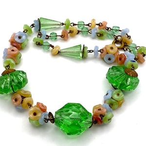Art Deco 1930s Czech  Flowers and Glass beads on gold tone chain Necklace. Rare . Beautiful. Collectible. Antique.