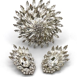 SHERMAN 1970th large crystals rhodium plated  brooch and earrings . Rare. Signed. Unique. Collectible. Timeless. Canadian jewellery .