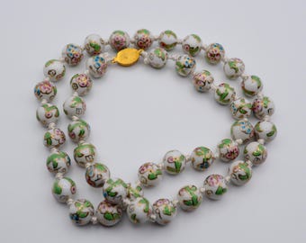 Vintage Cloisonné Style Ceramic Bead Necklace, Gold Filigree Floral