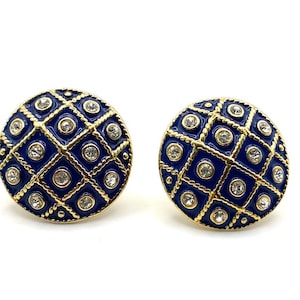 Vintage 80s Large Round Gold plated Blue enamel Crystals Clip on Earrings .Gorgeous . Stylish.
