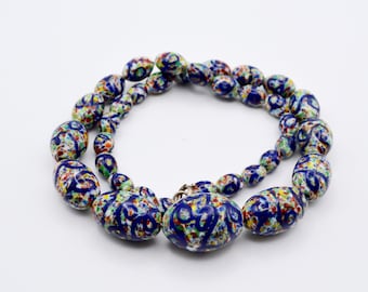 Venetian Murano Millefiori Glass Graduated Bead Necklace on Sterling Silver chain .Rare , unusual and beautiful.
