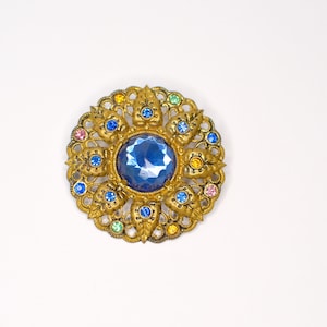Vintage 1930s Czech Filigree Round Brass Brooch with Multi Colour Glass Stones . Rare and beautiful.