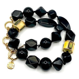 Monet Vintage Black and Gold Plated multicolour Lucite beads on knotted silk thread Necklace. Gorgeous.Elegant. Signed. Timeless. Designer.