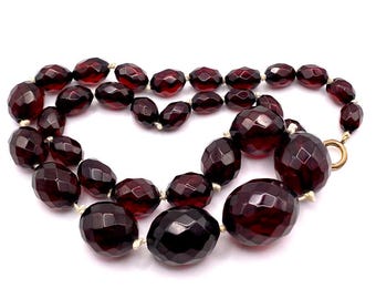 Vintage Cherry Red Faceted Bakelite Necklace • Hand-Knotted 1940s Jewelry