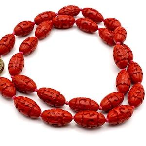 Antique Chinese Red Cinnabar Oval Carved Flower beads on original knotted thread Necklace . Beautiful .Rare.Collectible .Vintage.