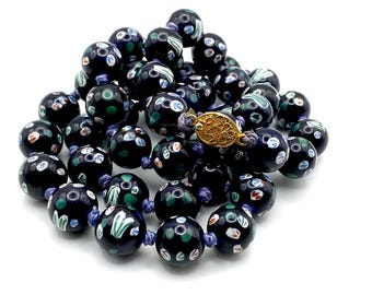 Vintage Chinese Porcelain Bead Necklace, Hand-Painted Floral, Filigree Clasp
