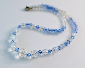 Austrian Vintage Faceted Clear and blue Crystal Graduated Bead Necklace .Signed made in Austria . Gorgeous  .